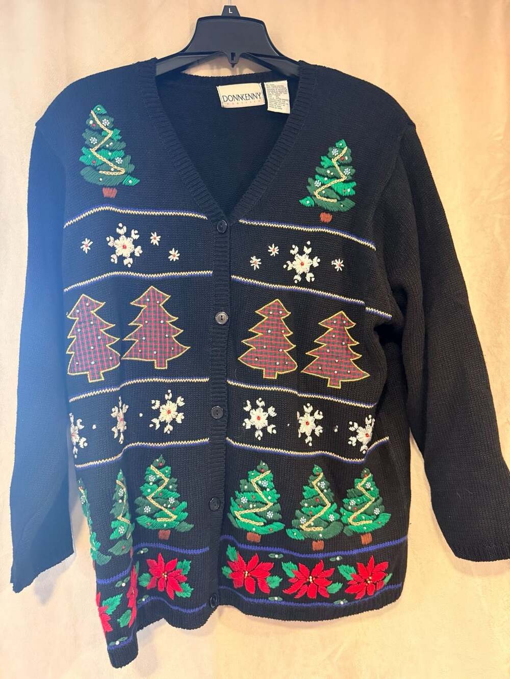 Vntg Classics Christmas Cardigan Sweater Size XL Black Trees Poinsettias